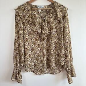 Vintage Try 1 Floral Ruffle Peasant Blouse Pearl Button Beige Brown USA Size M
